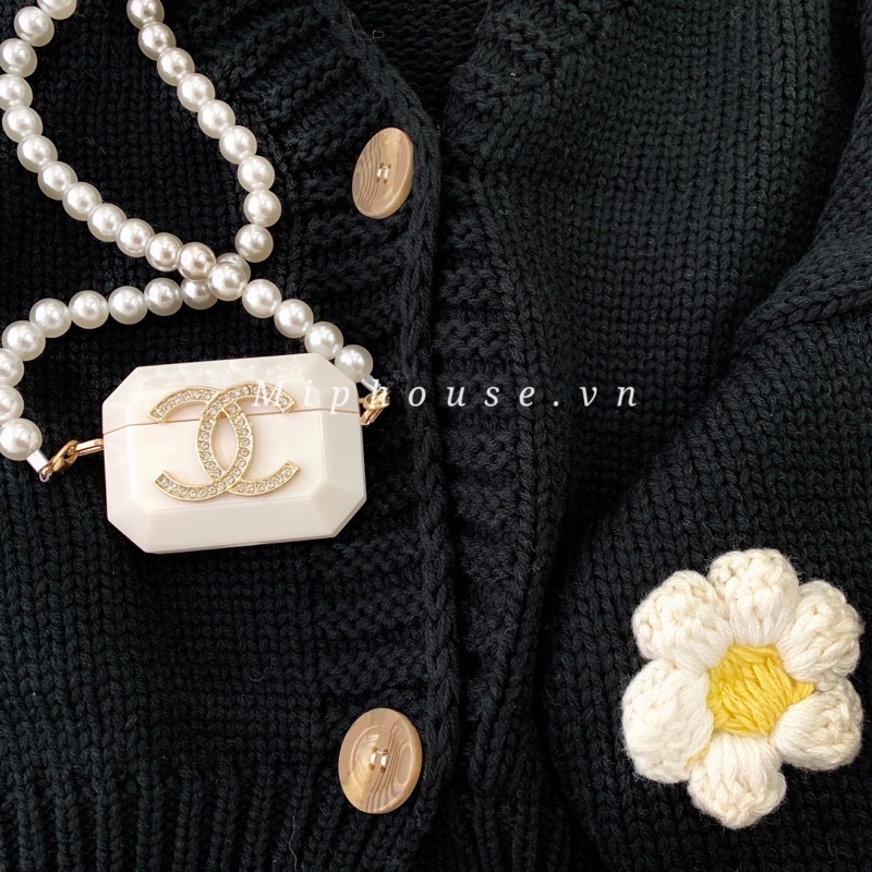 Áo khoác Cardigan len màu đen đính hoa Nổi màu trắng phong cách vintage Hàn Quốc - M010