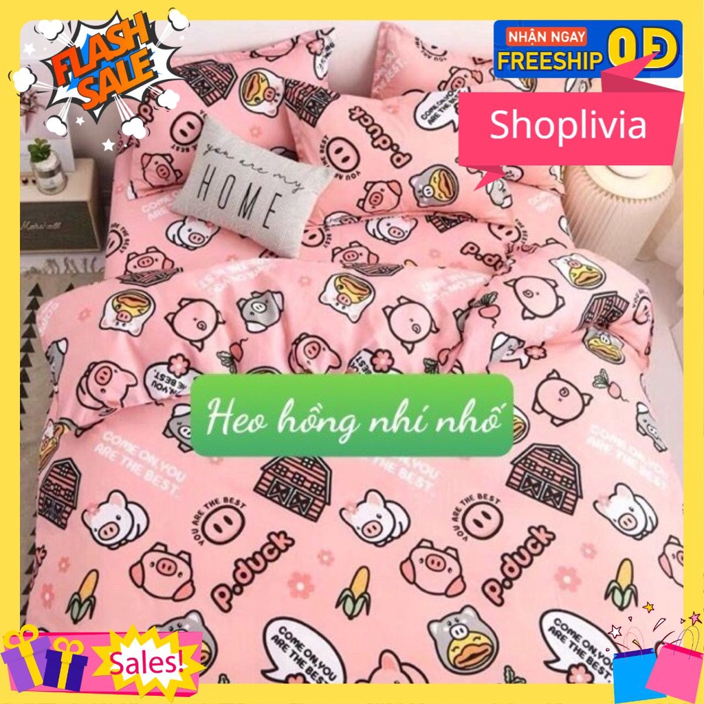 Bộ Ga Gối 3 Món Poly 1m2x2m,chọn mẫu trên bài,shoplivia, MẪU HEO HỒNG NHÍ NHỐ