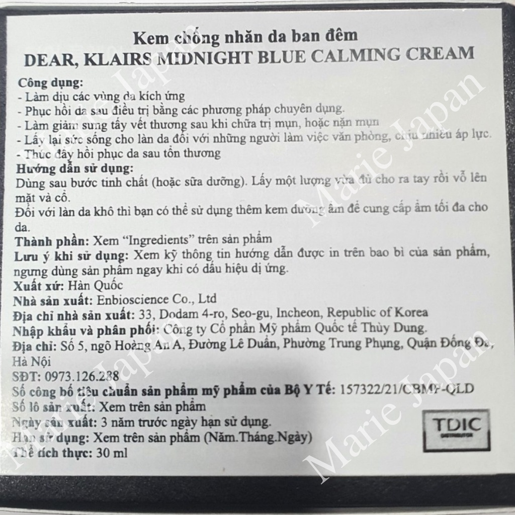 Kem Dưỡng Klairs Midnight Blue Dưỡng Ẩm Phục Hồi Da Calming Cream Hàn Quốc
