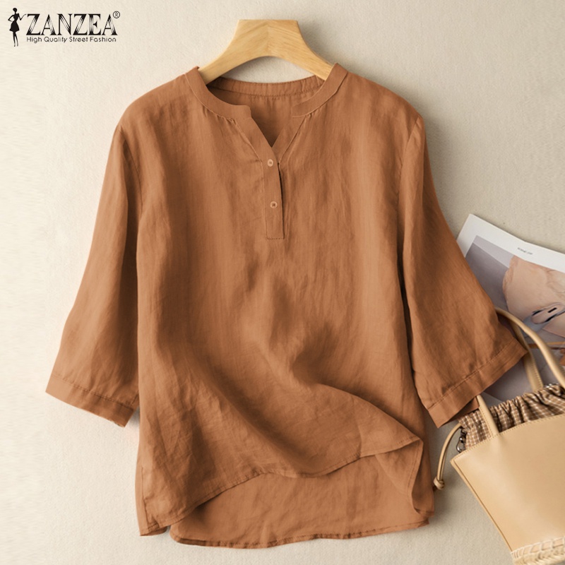 Zanzea Áo Sơ Mi Cotton Cổ Chữ V Màu Trơn Dáng Rộng Thời Trang Cho Nữ