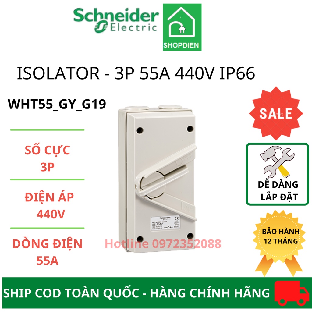 Ngắt điện, cầu dao cách ly chống thấm nước Schneider Isolator 3 pha 3P WHT_20A,35A,55A,63A,80A - IP66