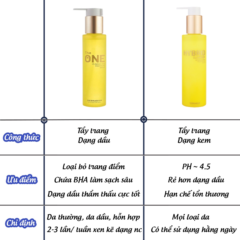Tẩy trang Dermarium The One dạng dầu, Hybrid dạng kem làm sạch sâu, giảm sợi bã nhờn 55ml, 150ml