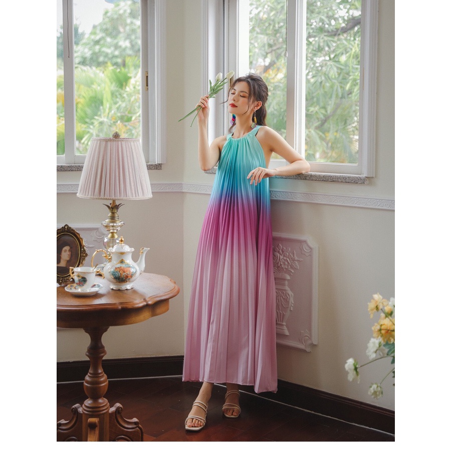 Váy Đầm Maxi Yếm Màu Loang Ombre Đi Biển Du Lịch Chụp Hình Sống Ảo