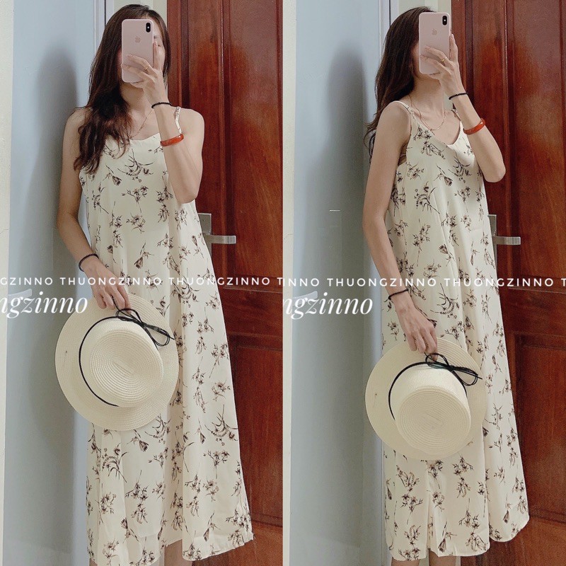 [Ảnh thật/Video]Váy hai dây Chiffon hoạ tiết hoa lá Đầm hai dây lụa hoa vintage