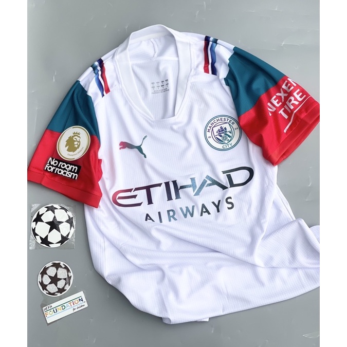 Set bộ quần áo bóng đá vải gai thái clb man city áo trắng  vai đỏ quần xanh 2021 2022