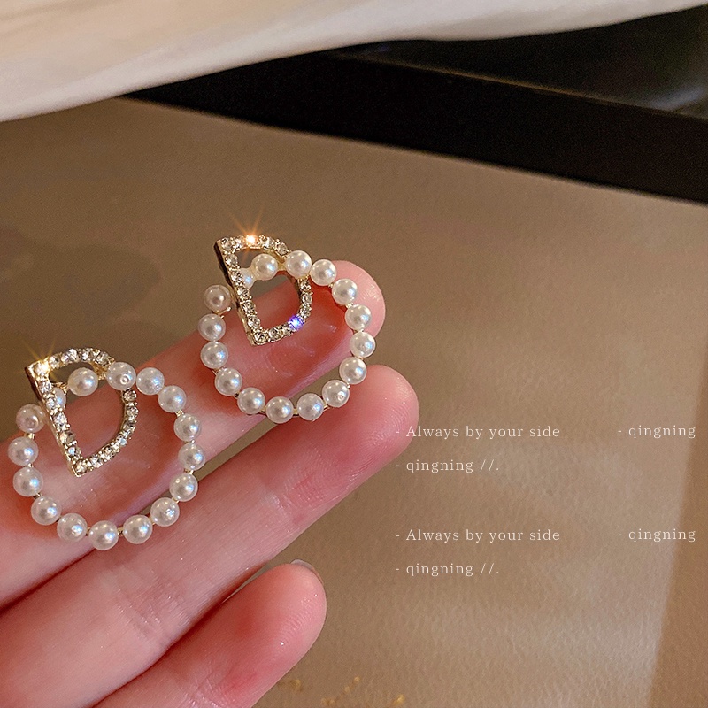 DREJEW Bông Tai Hình Chữ D Đính Ngọc Trai Kim Cương Giả Phong Cách Hàn Quốc Đơn Giản Dễ Phối Đồ