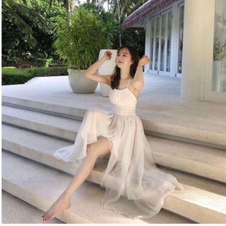 [FLASHSALE] Đầm trắng thiết kế xoè tầng cô dâu tiệc prom dạ hội, váy hai dây công chúa du lịch boho (hình thật)