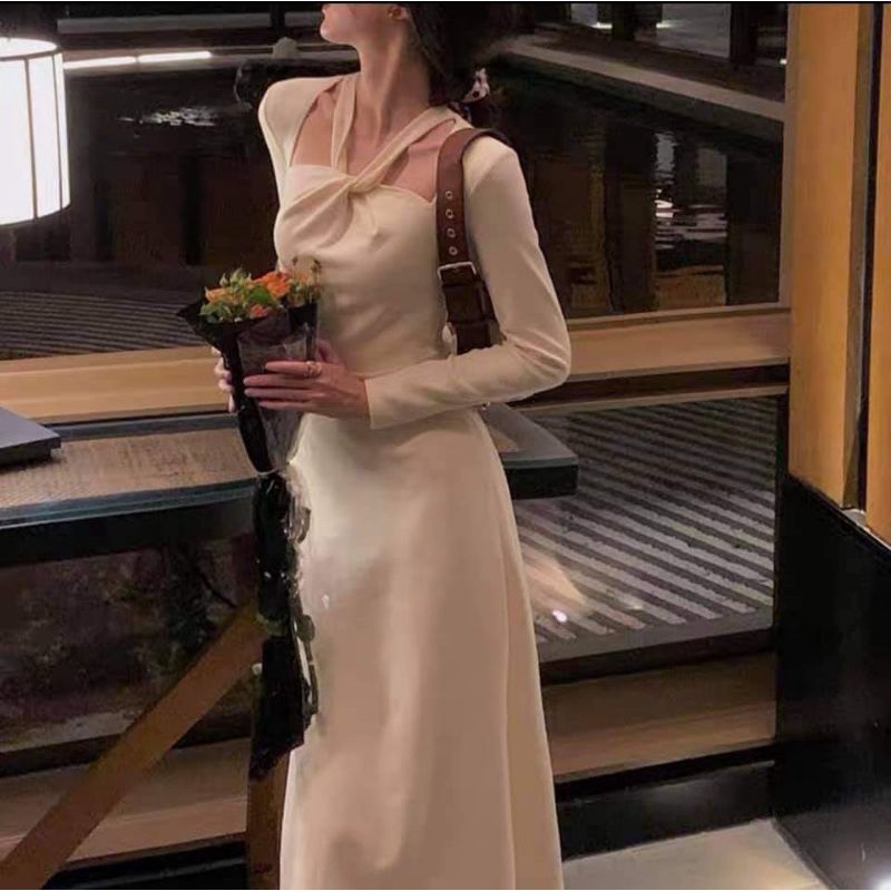 Đầm váy nữ xoắn cổ tay dài hot hit Nau Dress