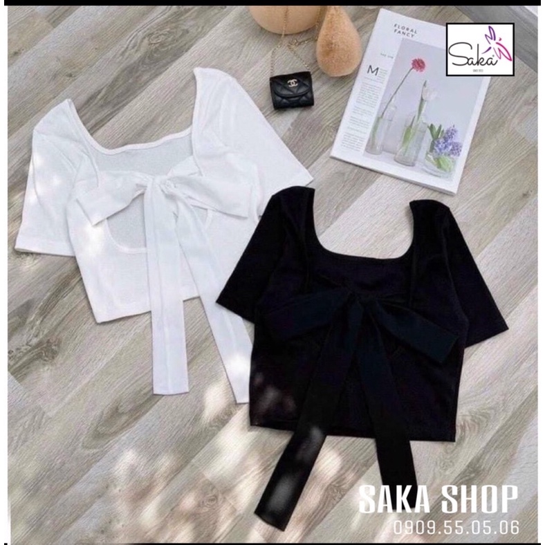 Áo thun nữ croptop tay ngắn buộc dây lưng 2 màu trắng đen