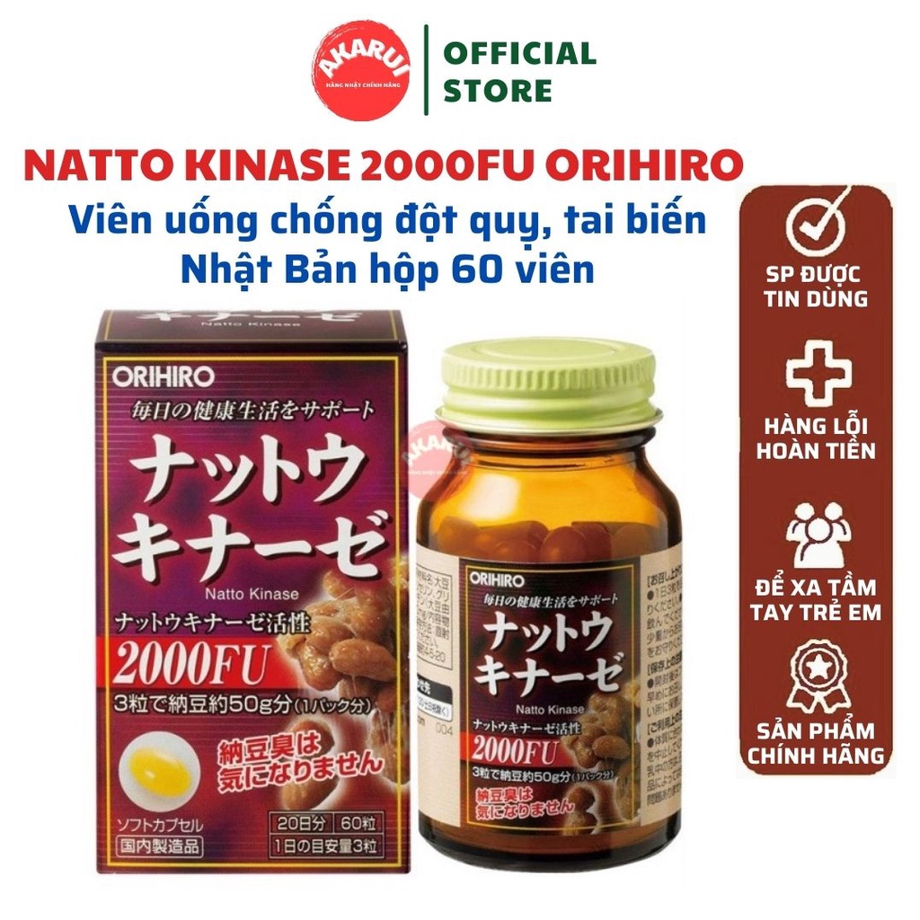 Viên uống chống đột quỵ, tai biến Natto Kinase 2000FU - 4000FU Orihiro Nhật Bản hộp 60 viên