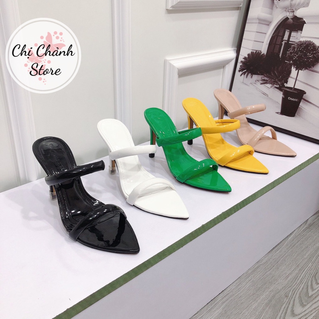 Dép cao gót guốc nữ 9p quai đôi gót nhọn chất da bóng xin đi siêu êm - Chi Chanh Store
