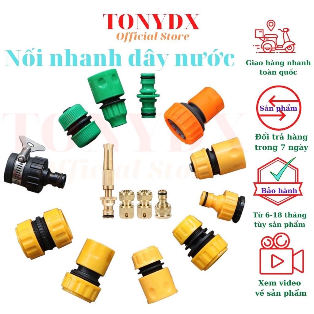 Phụ kiện cút khớp nối nhanh  đầu vòi tưới và dây ống nước mềm phi 16, 21,27 bằng nhựa và kim loại Tonydx