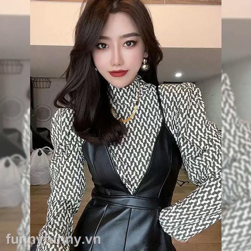Set áo thun tay dài cổ cao + đầm yếm da PU phong cách châu Âu thời trang mùa thu cho nữ 2021