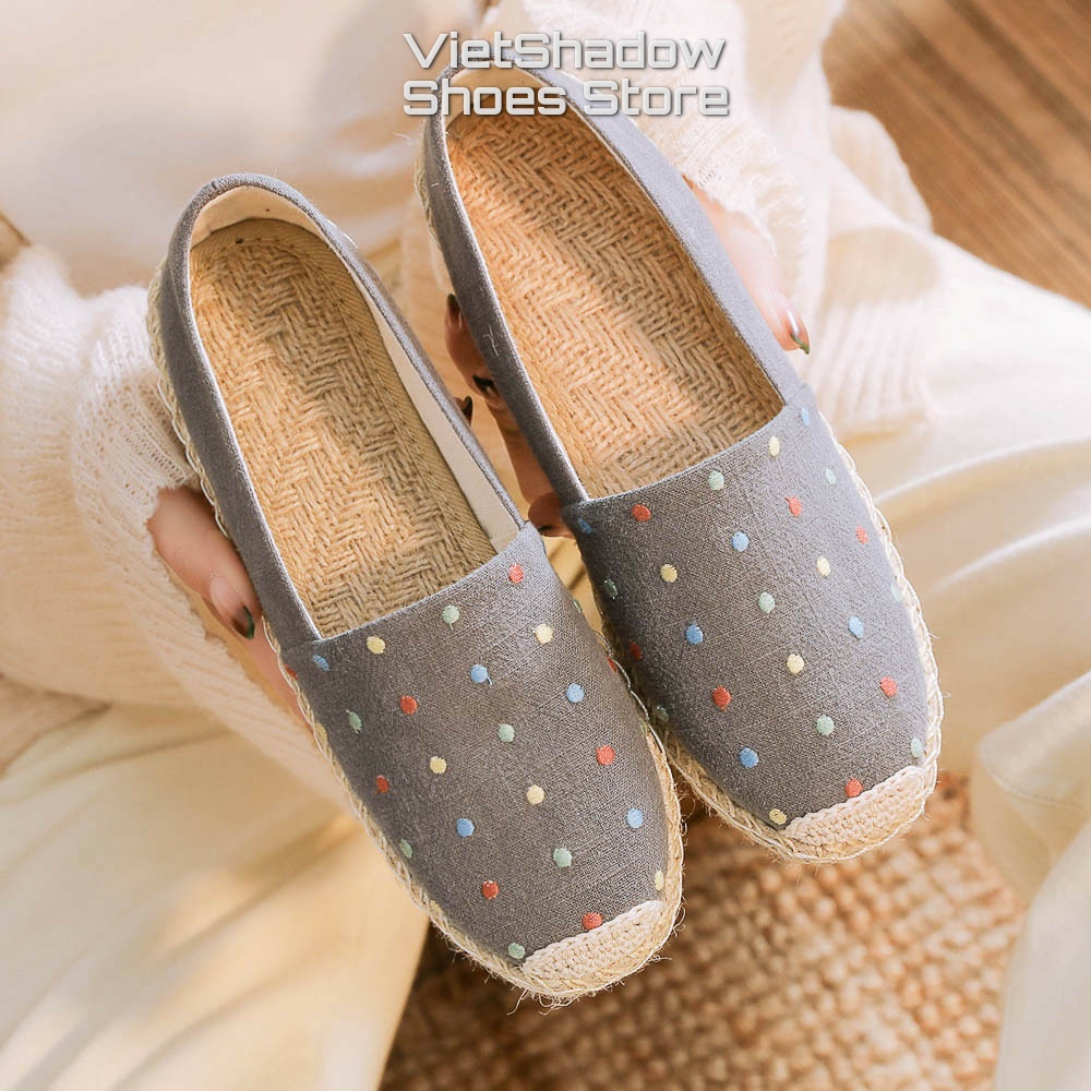 Slip on giày lười vải nữ thêu chất liệu vải bố 3 màu đen, xám và khaki - Mã X-20