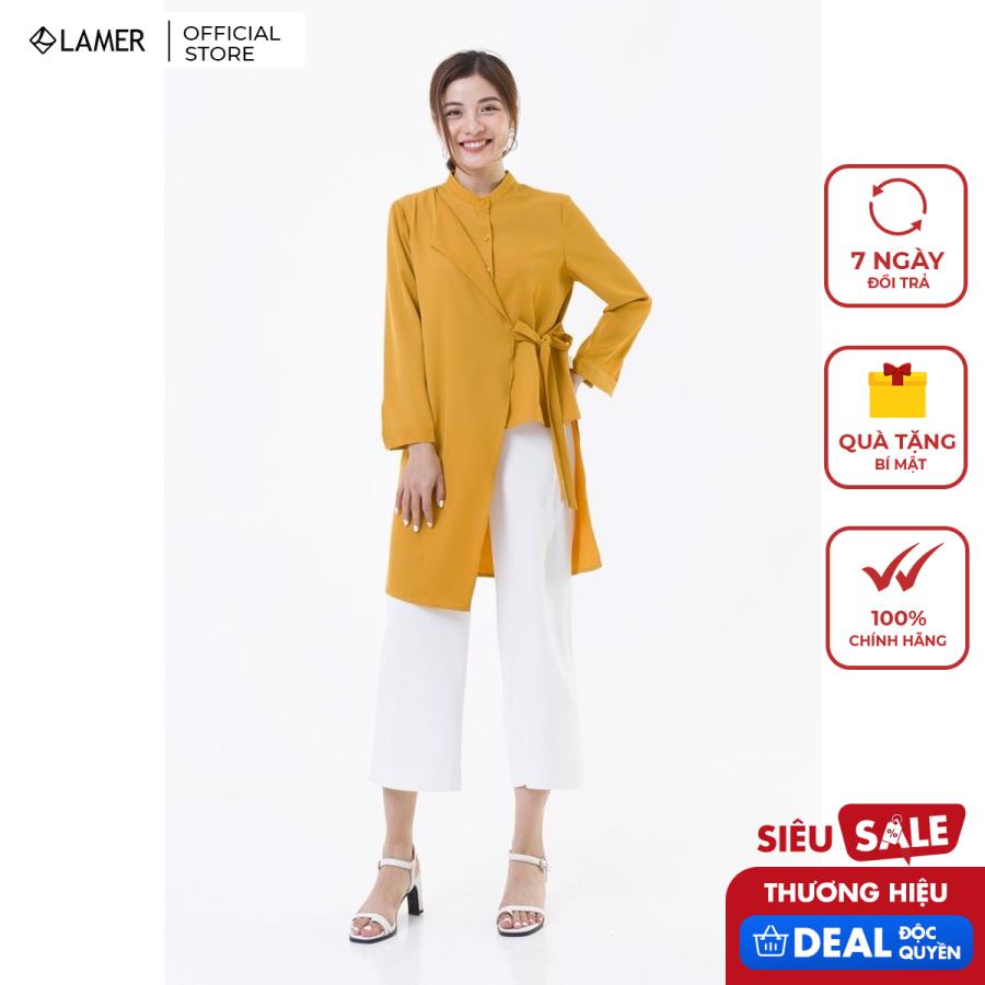 Áo sơ mi phủ lệch, nơ eo VIEN TRAN V61H19Q036 (Đỏ/Vàng)