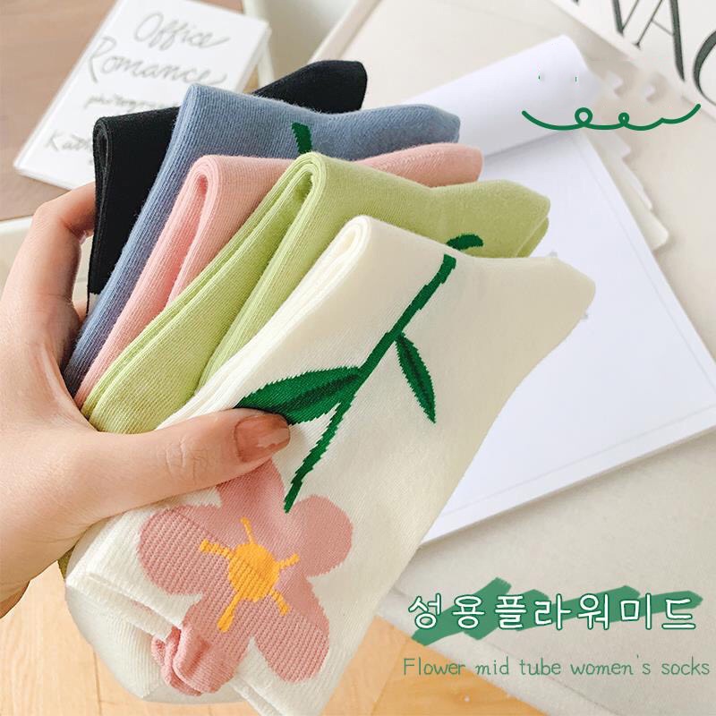 Tất vớ nữ cổ cao trắng thời trang HANASO bộ sưu tập hoa xinh xắn chất cotton mềm co giãn thoáng khí hút ẩm khử mùi TD048