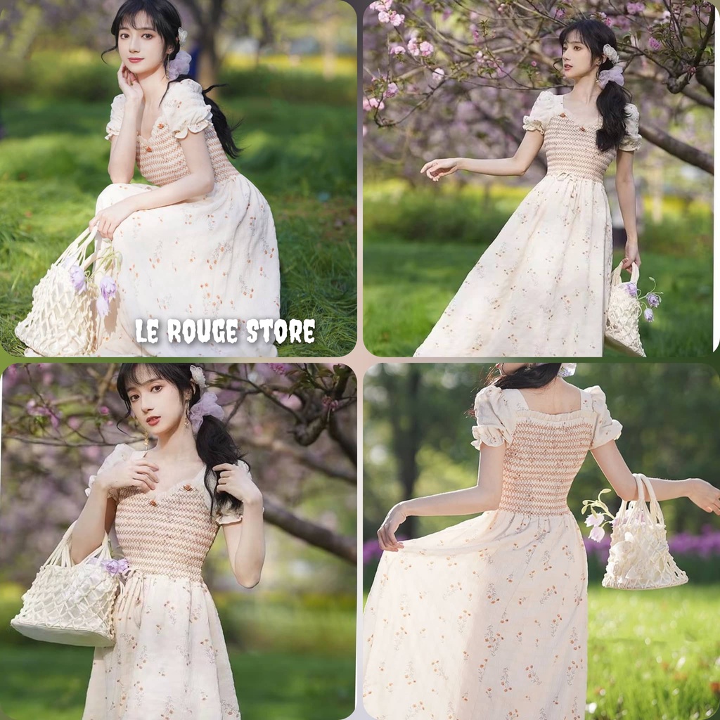(ORDER) Đầm nữ maxi bo chun phần ngực tay bồng bèo nhỏ hoa nhí phong cách retro Hàn Quốc vintage có size