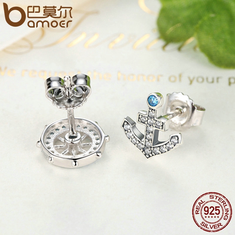 Khuyên tai Bamoer SCE030 bằng bạc 925 hình mỏ neo và bánh lái đính đá pha lê xanh dương dành cho nữ