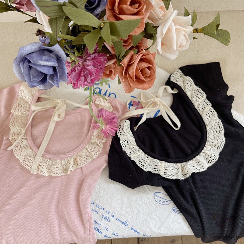 Áo Thun Tay Ngắn Phối Ren Và Nơ Dễ Thương Phong Cách Hàn Quốc Cho Bé Gái