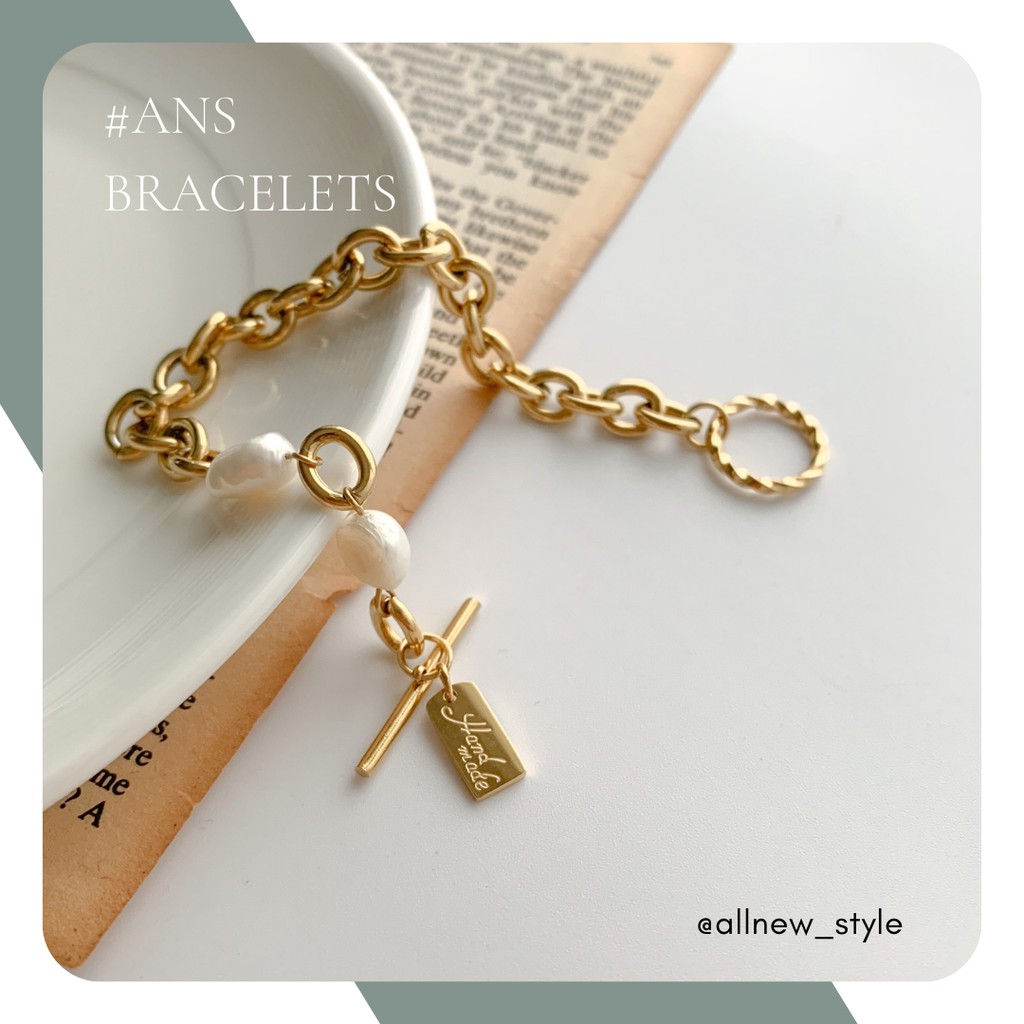 Vòng tay thép Handmade phối ngọc trai nhân tạo Allnewstyle