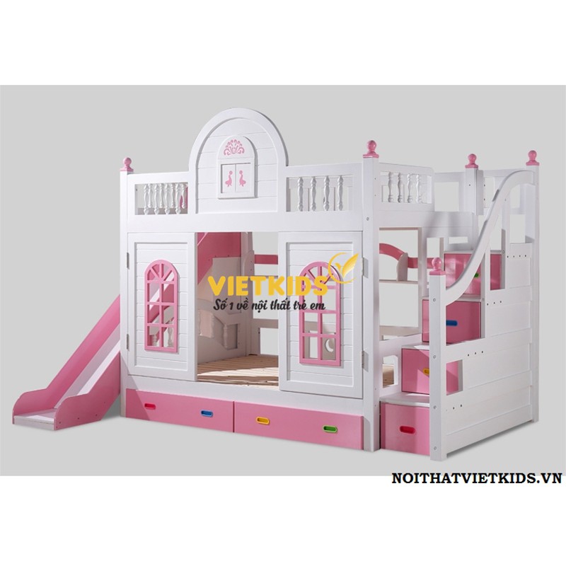 Giường tầng trẻ em - giường tầng bé gái GTC.012 với sắc hồng trắng