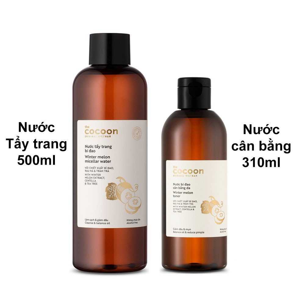 Combo Nước Tẩy trang bí đao 500ml + toner Nước cân bằng da bí đao cocoon 310ml Bigsize