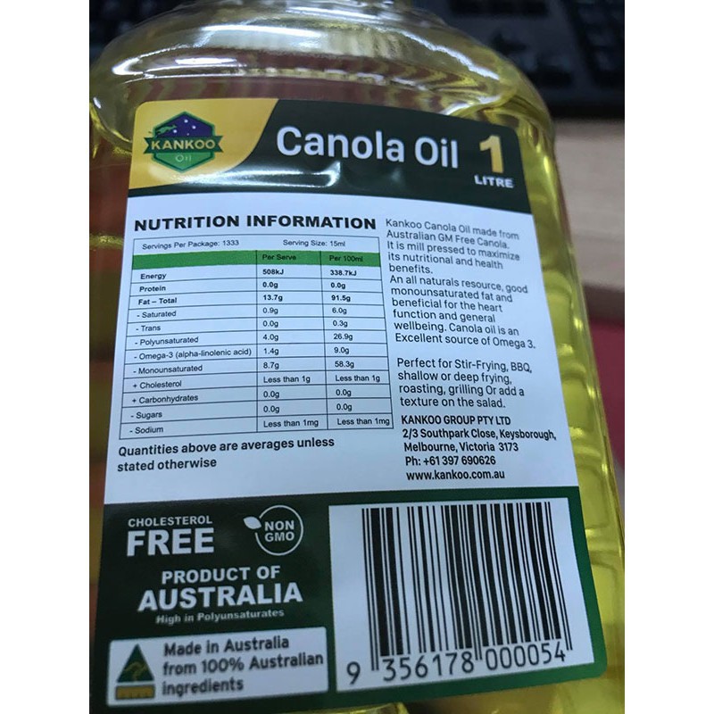 [NHẬP KHẨU ÚC] Dầu Ăn Hạt Cải Nguyên Chất Kankoo Canola Oil 1 Lít - 100% Hạt Cải Ngọt Hữu Cơ Úc