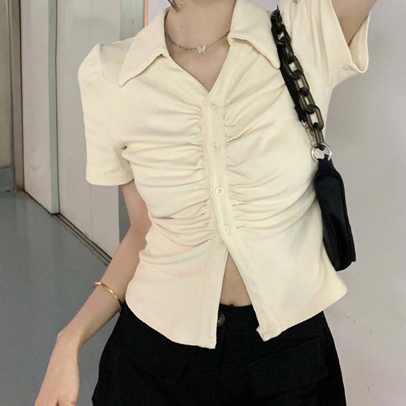 Áo Kiểu Tay Ngắn Cổ Chữ V Xếp Ly Dáng Ôm Phong Cách Pháp Thời Trang Mùa Hè Xinh Xắn Cho Nữ