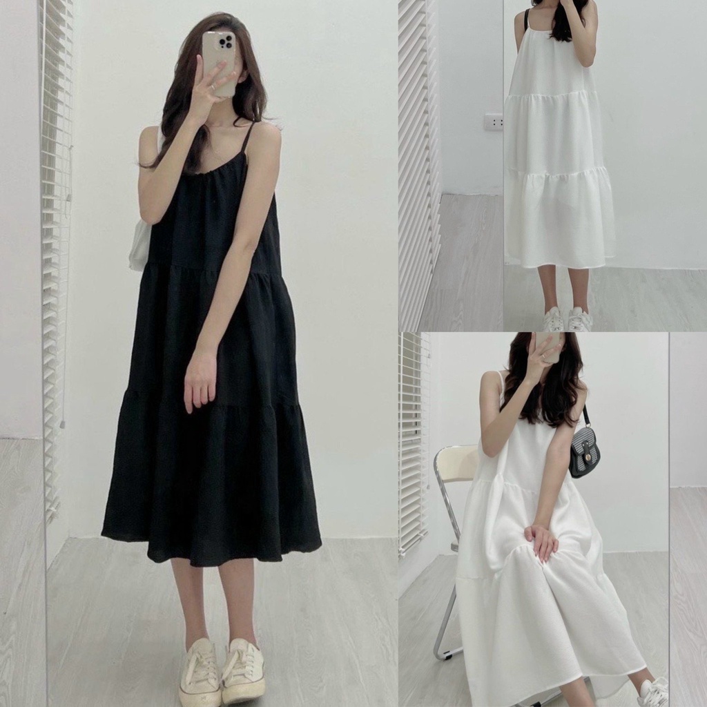 Váy 2 dây babydoll suông rộng maxi qua gối HNL305, đầm xòe nữ váy bầu dáng rộng