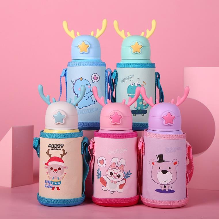 Bình Nước Giữ Nhiệt Inox Cao Cấp Hình Hươu Cute Cho Bé Có Ống Hút