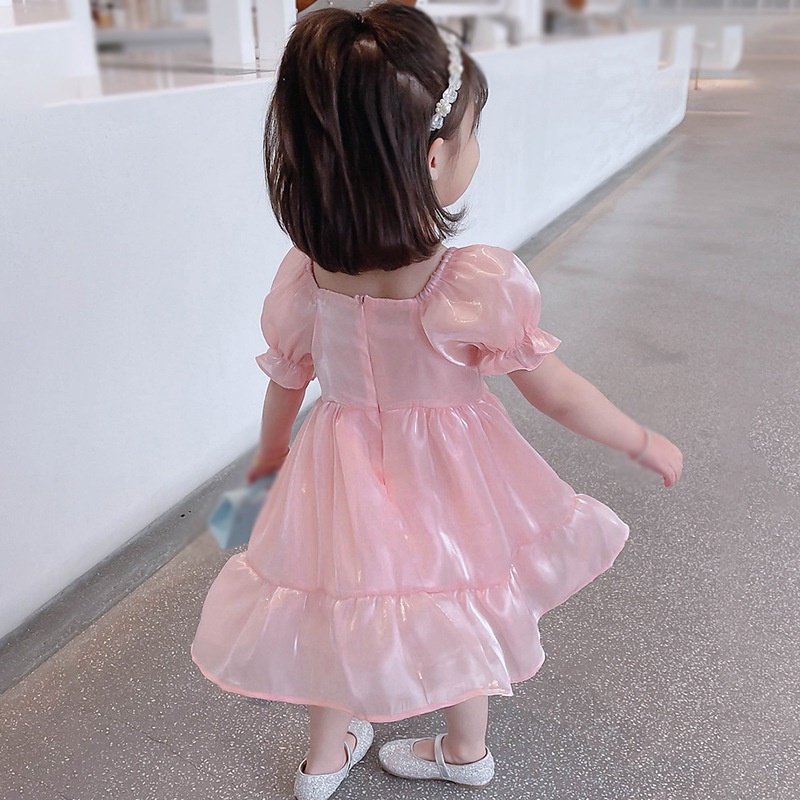 Đầm Công Chúa Tay Phồng Phối Lưới Lấp Lánh Ngọt Ngào Cho Bé Gái