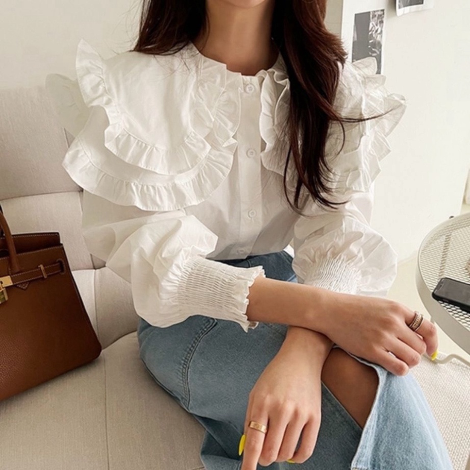 Sơ Mi Trắng Tiểu Thư, Áo Sơ Mi Nữ Tay Bèo Bo Chun Phong Cách Dễ Thương Xinh Xắn