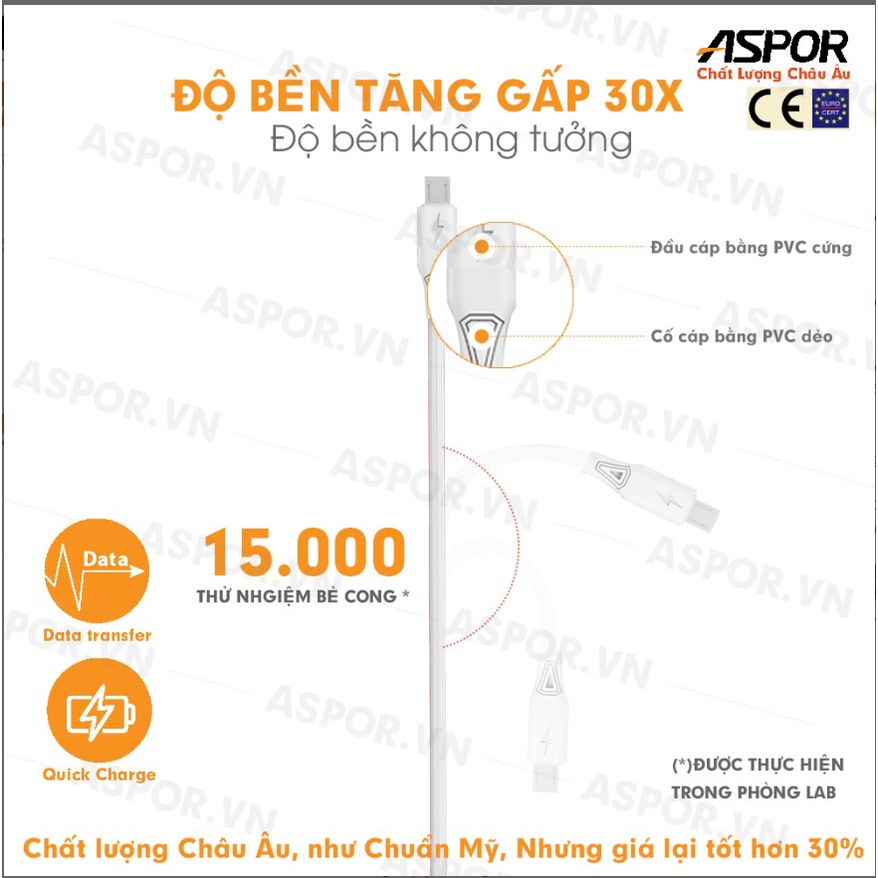 Micro USB 2.4A Dây cáp sạc ASPOR AC-05 Micro USB cho Android, Tab, Xiaomi Sạc Nhanh, Chống Gẫy Gập - Bảo Hành 12 Tháng