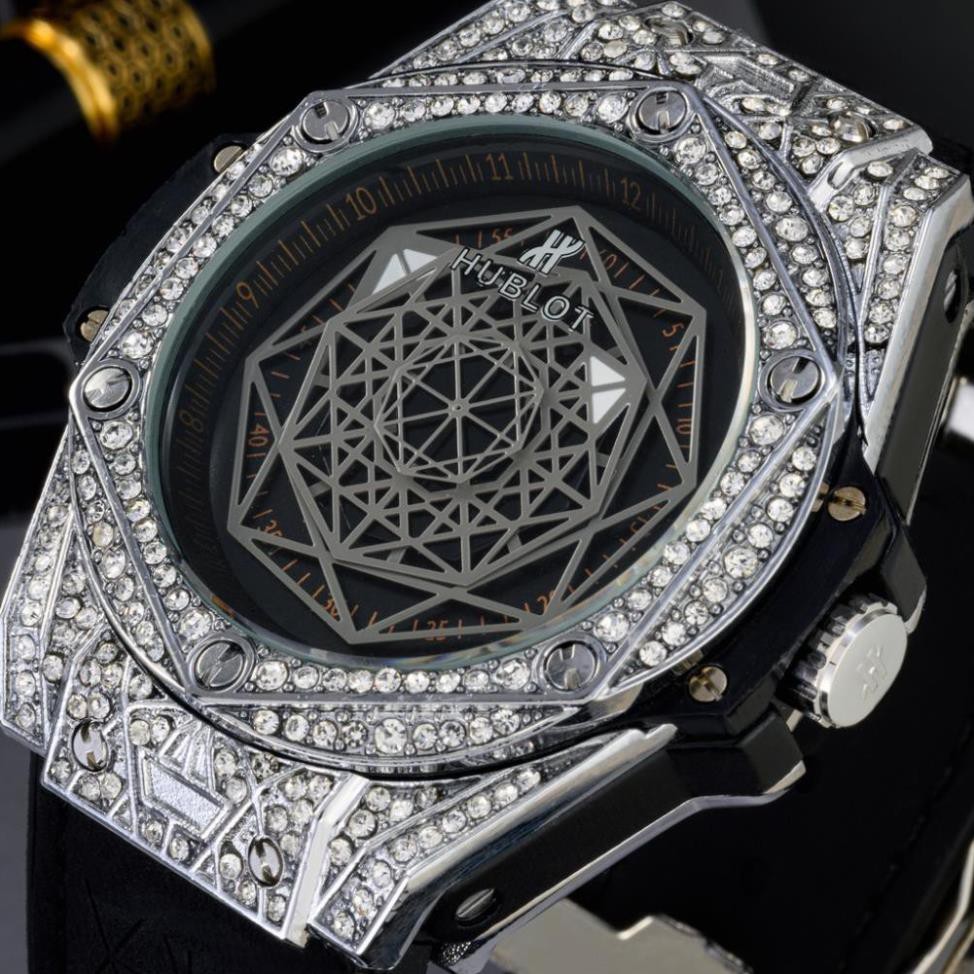 Đồng hồ nam Hublot mặt tròn size 42- đa giác đính đá, dây da chống nước DH604  shop105