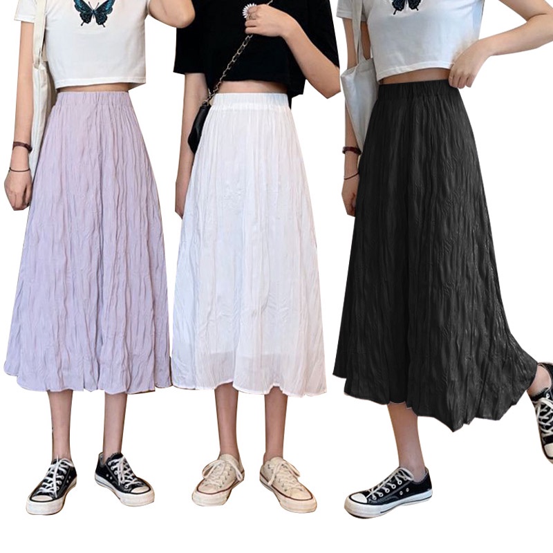 GENAISHA Chân váy lửng cao xếp li form chữ A lưng giãn phong cách Hàn Quốc thời trang mùa hè cho nữ