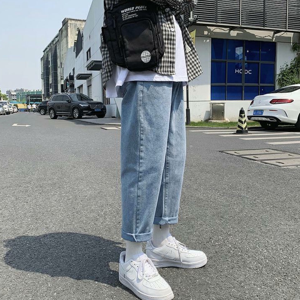 [Tiền Nào Của Đấy]Quần Jean Baggy Nam Ống Rộng Màu Xanh Đậm Trơn Không Phai Màu Form Baggy-B03