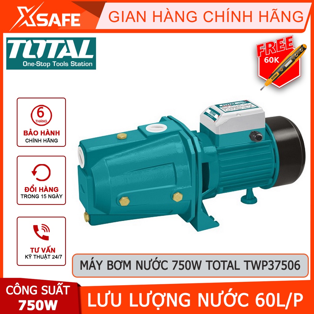 Máy bơm nước TOTAL TWP37506 Máy bơm mini công suất 750W(1HP), hút sâu tối đa 9m, mô tơ dây đồng, dây cáp dài 0.15m