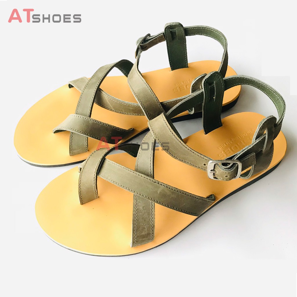 Dép Sandal Unisex cao cấp Da Bò Thật Sandal xỏ ngón nam nữ chuẩn kiểu Hàn Quốc Trẻ Trung Atshoes AT40(Rêu)