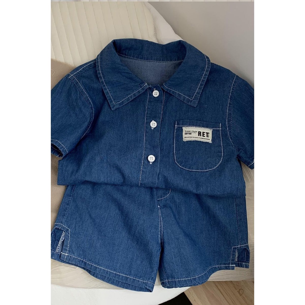 Bộ Áo Sơ Mi Cotton + Quần Short Denim Mềm Mỏng Phong Cách Hàn Quốc Nhật Bản Thời Trang Mùa Hè Cho Bé Trai