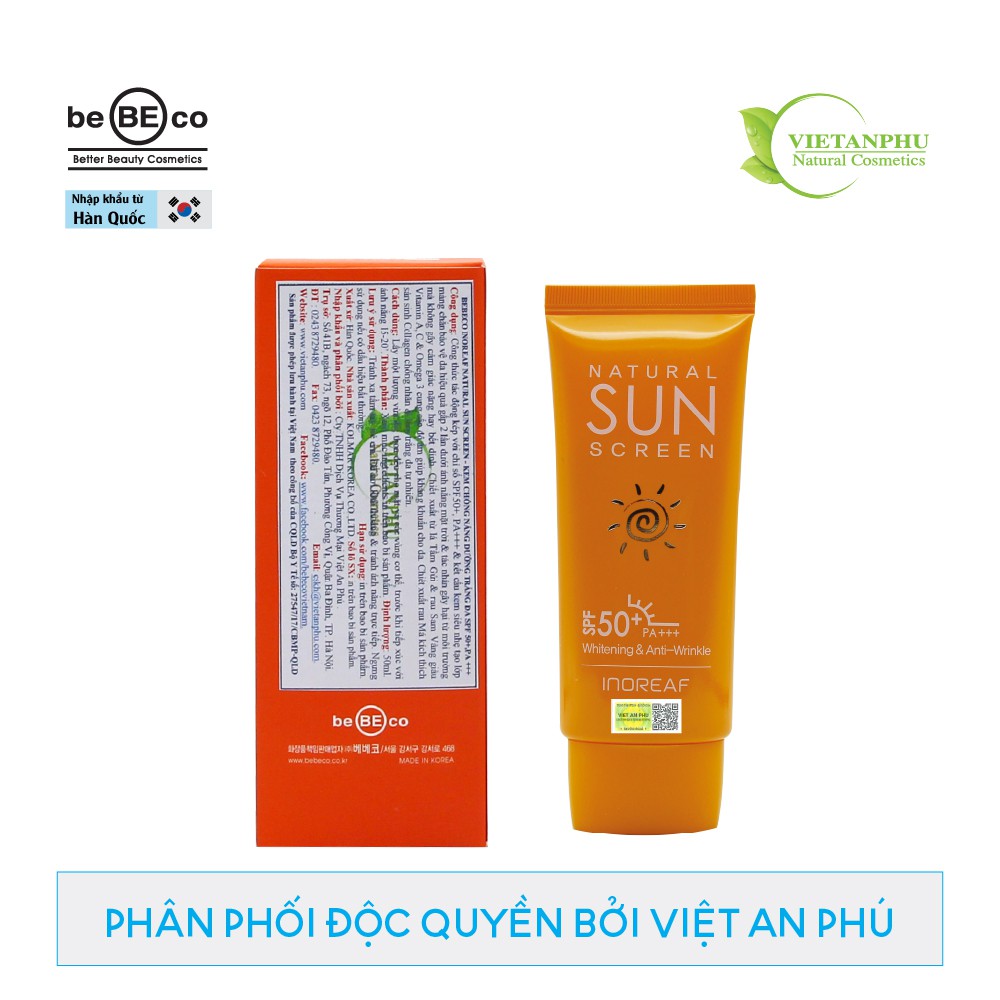 Kem chống nắng dưỡng trắng da BEBECO Hàn Quốc 50ml Inoreaf Natual Sun Screen SPF 50+/PA+++