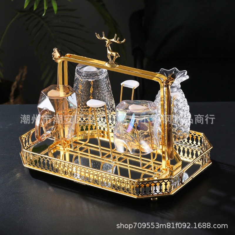 Khay úp cốc hươu inox mạ vàng có khay hứng nước