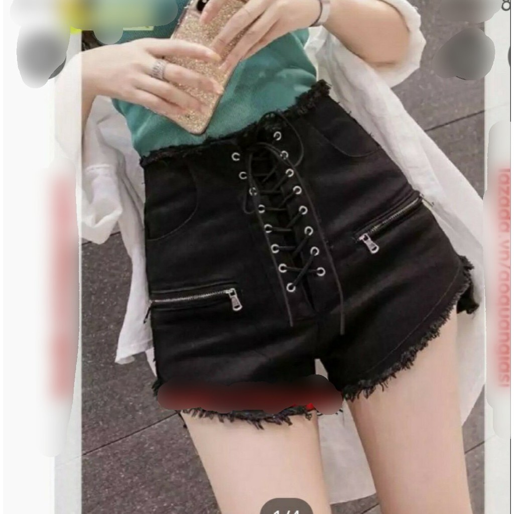 Quần short kaki tua rua đan dây giữa dây kéo ngang 2 bên Quảng châu - quần đẹp mới về