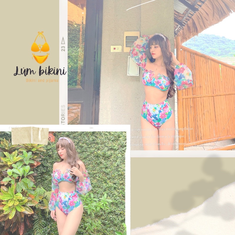 Bikini Hoa loang tay bồng [ Hàng Có Sẵn ] siêu hot hittt cạp cao che bụng dễ mặc 👙