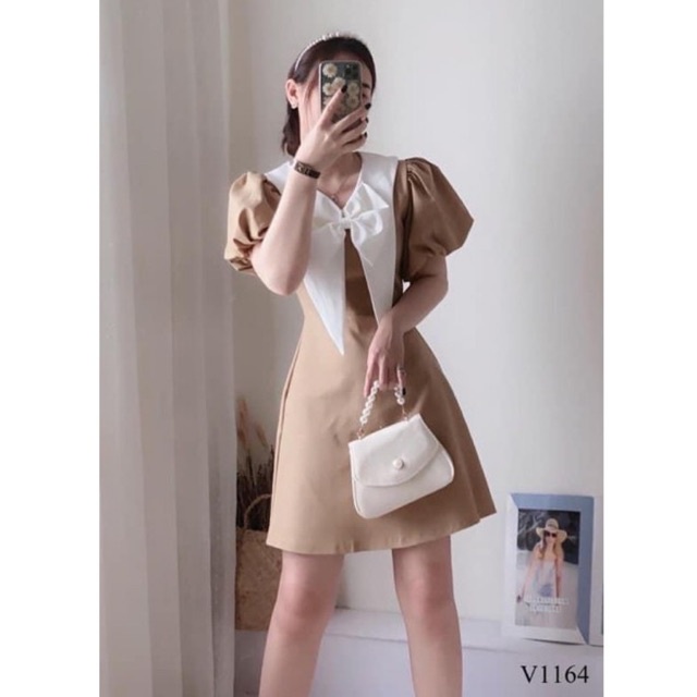 Đầm nude cổ nơ trắng | BigBuy360 - bigbuy360.vn