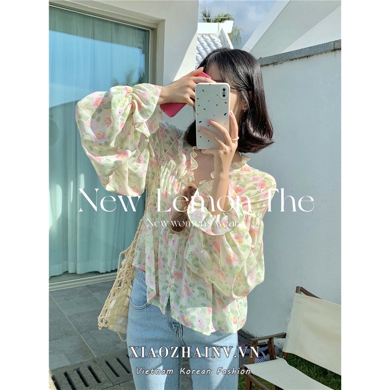 Áo kiểu Xiaozhainv dài tay in hoa cổ chữ V phong cách vintage cho nữ size S-2XL
