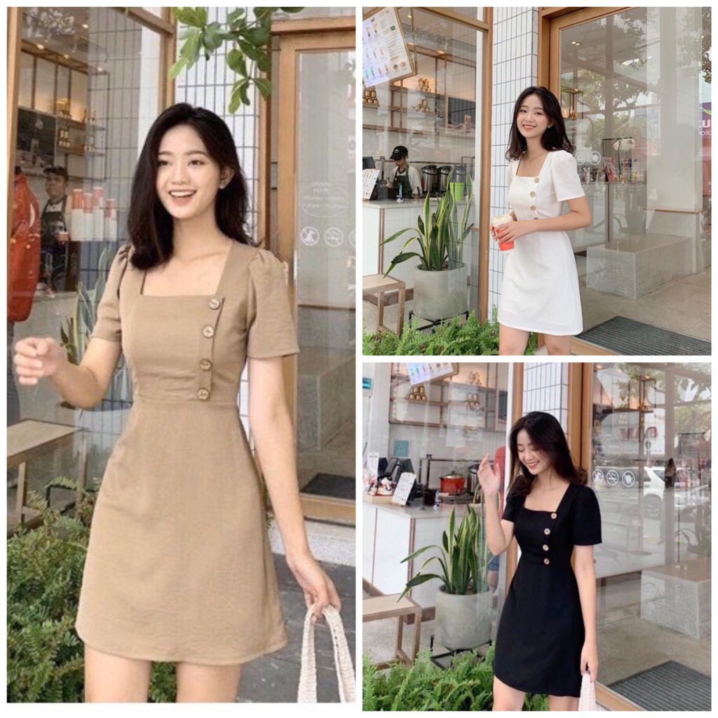 Đầm chữ A Cổ Vuông Phối Nút Zinti DN01