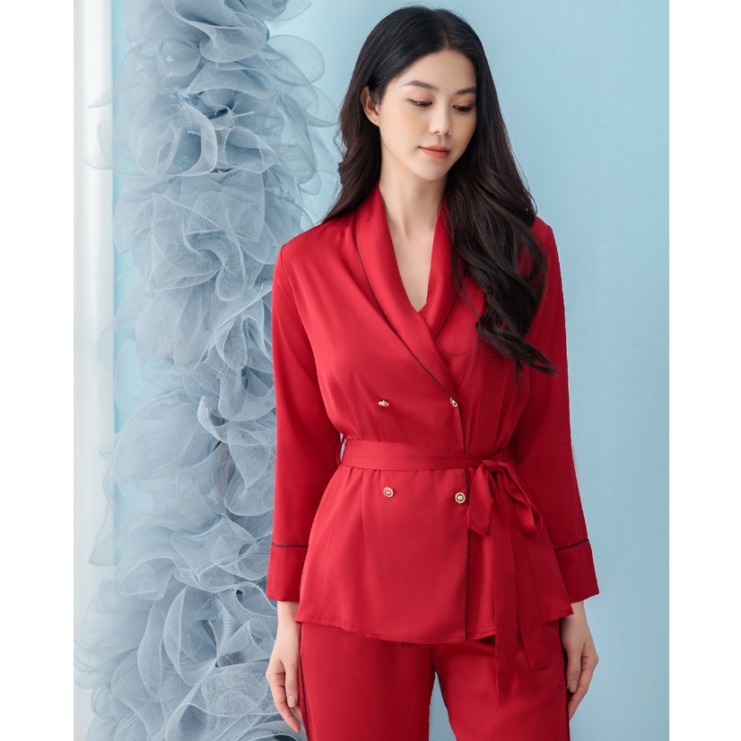 Bộ ngủ satin ZAM Luxury - SET08 - áo dài tay quần dài đỏ trơn