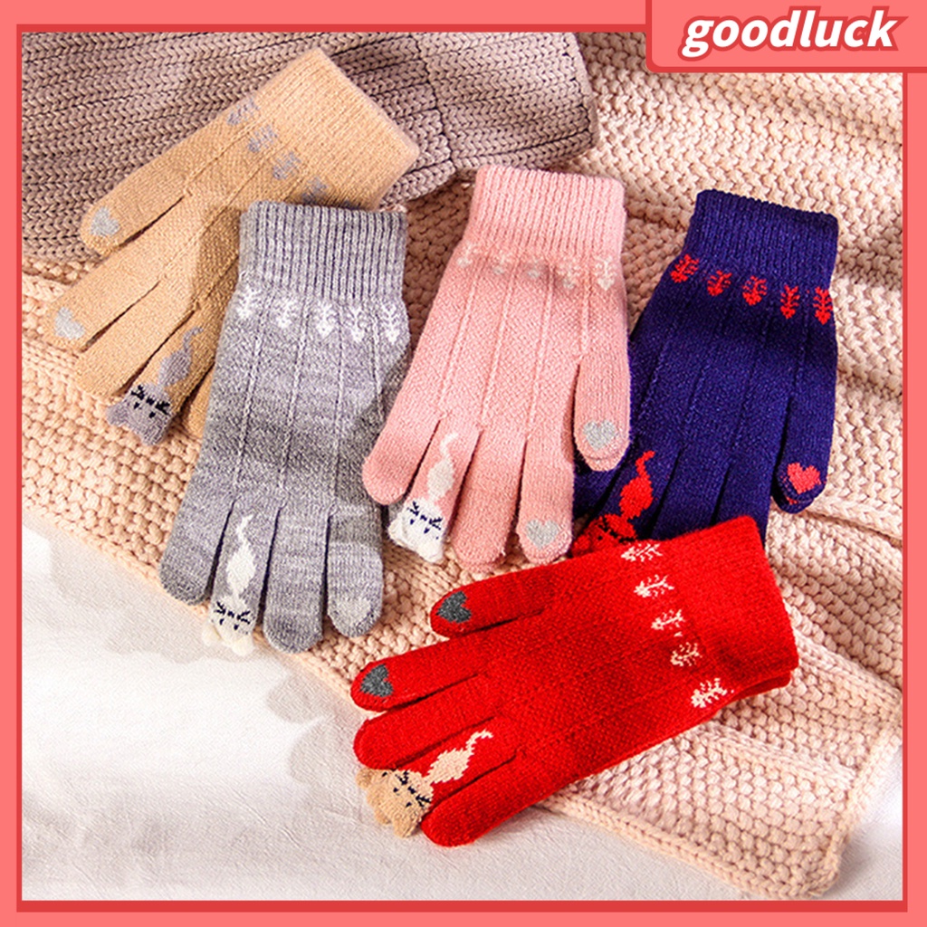 Găng tay dệt kim in hình mèo cảm ứng màn hình thời trang cho nữ