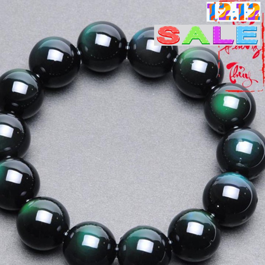 Vòng Tay Đá Núi Lửa Obsidian Xanh Đen Cao Cấp 12mm - Tâm Phong Thủy