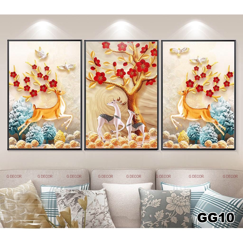 Tranh treo tường canvas khung gỗ 3 bức phong cách hiện đại Bắc Âu tranh chim công trang trí phòng khách phòng ngủ 127